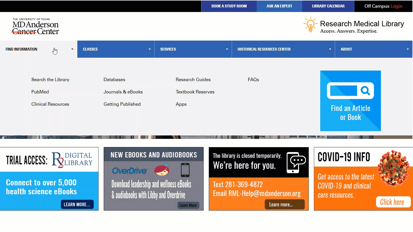 Click to enlarge An animated gif that shows on the website navigation dropdowns for each section of the library website.